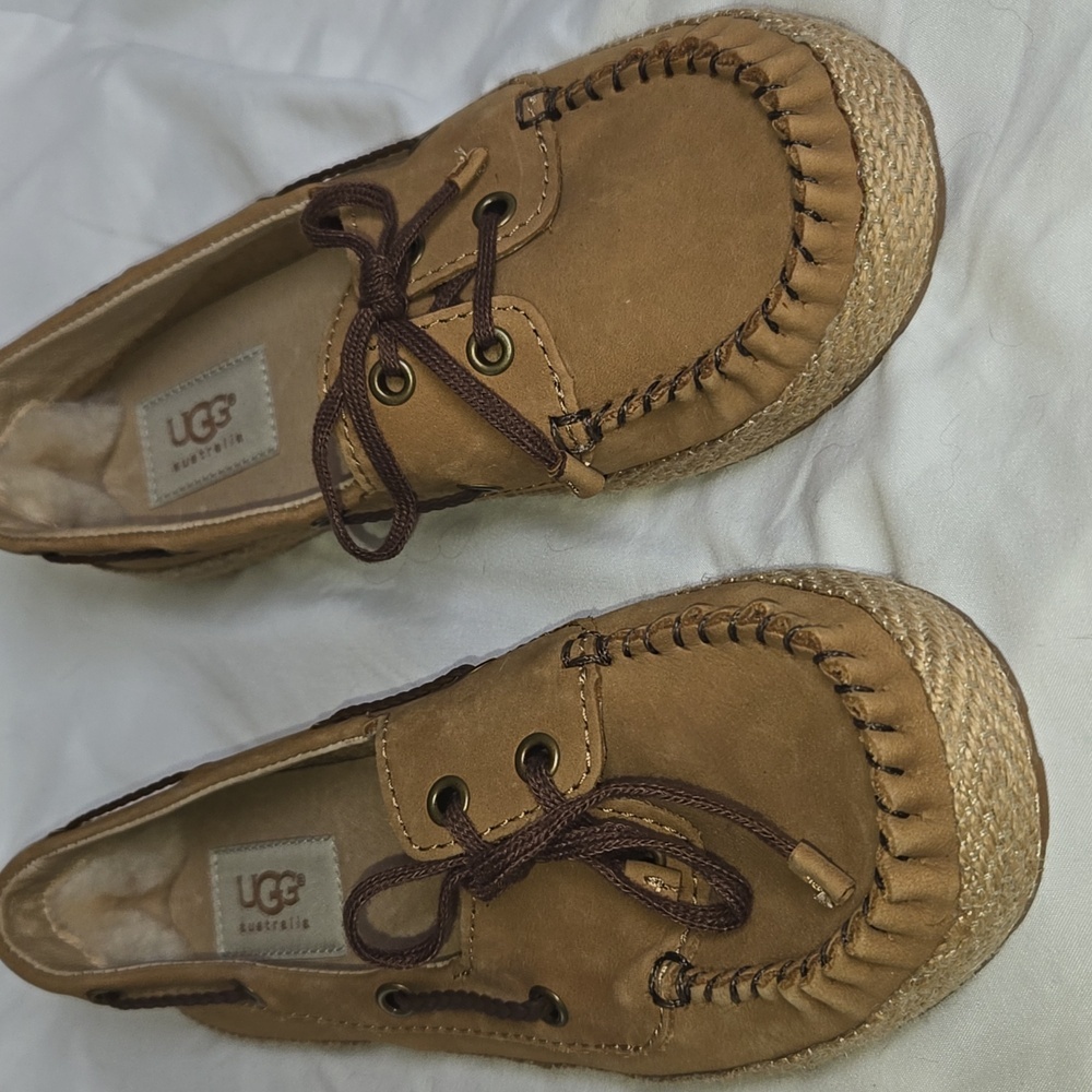 UGG TYLIN 6 NWOB DECK SHOE Chestnut Nubuck Leather Lamb Fur Lined Boat Classic - Picture 6 of 16